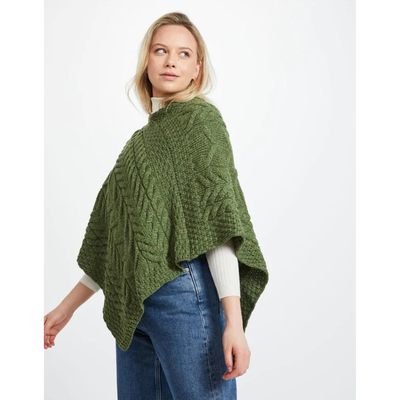 Ladies Aran Cable Knit Triangular Poncho Green